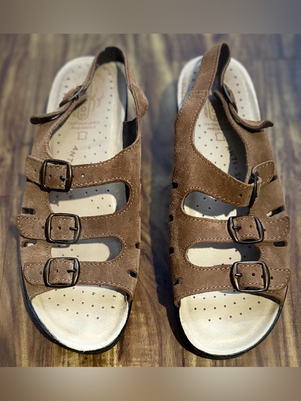 Brown suede leather comfort sandals, Fly Flot slingback,buckle straps size 41/10